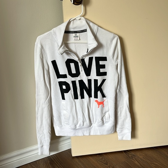 PINK Victoria’s Secret Logo Quarter-zip Pullover Sweater - White - Picture 1 of 9